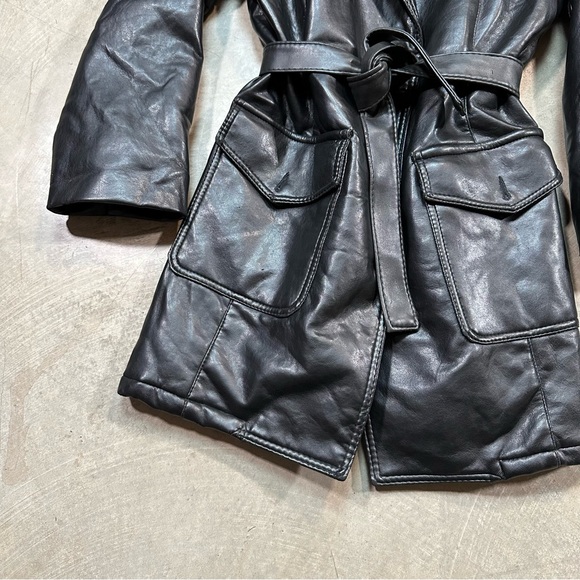 Vintage Black Leather Made in Italy Quilted Interior Trench Coat with Belt ptp21 - Picture 3 of 15